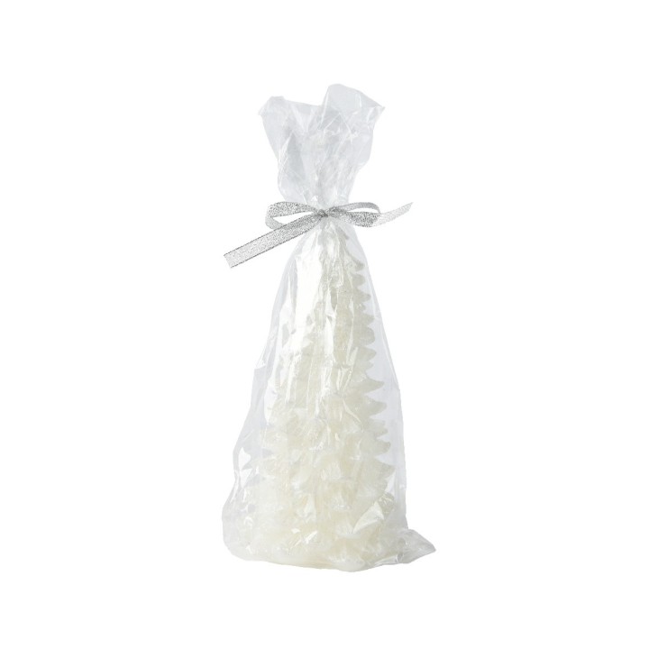 Transparante zak met witte, decoratieve elementen, elegant dichtgebonden met een zilveren strik.