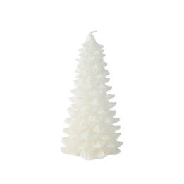 A white, textured candle shaped like a Christmas tree, featuring layered, scalloped edges.