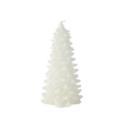 A white, textured candle shaped like a Christmas tree, featuring layered, scalloped edges.