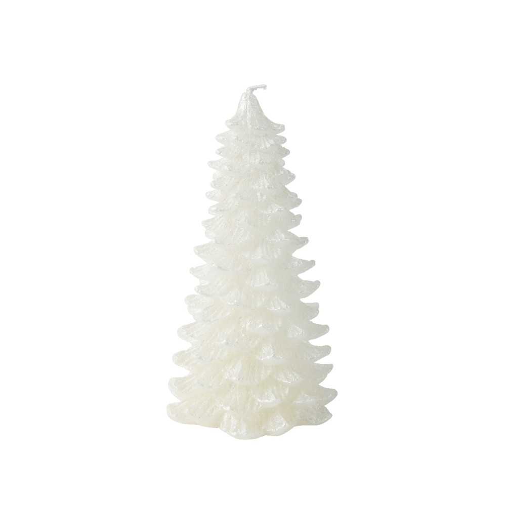 A white, textured candle shaped like a Christmas tree, featuring layered, scalloped edges.