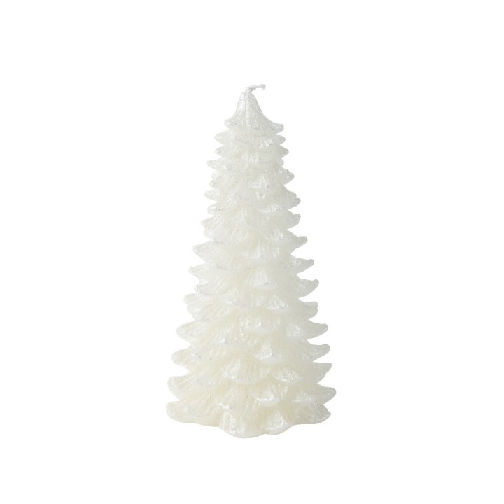 A white, textured candle shaped like a Christmas tree, featuring layered, scalloped edges.
