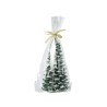 A small green Christmas tree wrapped in clear plastic with a golden bow on top.