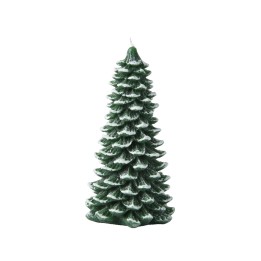 Groene kaars in de vorm van een dennenboom met gedetailleerde takken en een lichte sneeuwglans.