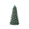 A textured green candle shaped like a Christmas tree with snowy tips.