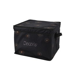 Coffre de rangement noir orné de motifs colorés en feux d'artifice, pratique et élégant.