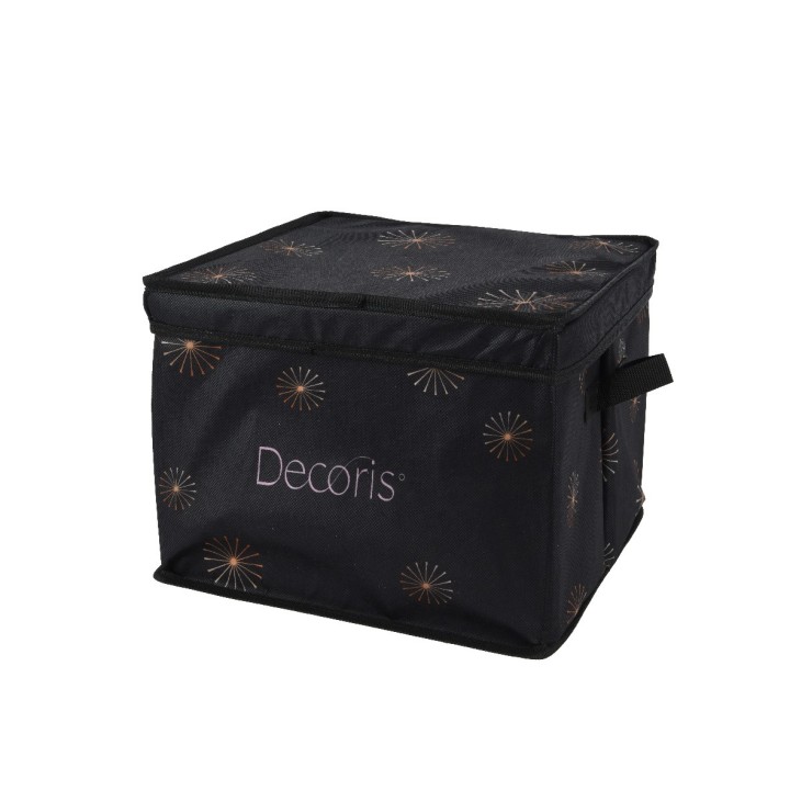 A black storage box with a decorative fireworks pattern and a sturdy lid.