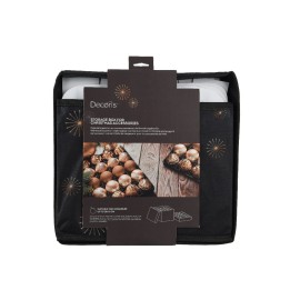 A sleek black packaging with a festive design, featuring decorative gold accents and a crisp whit...