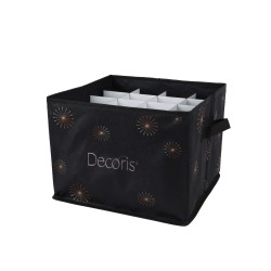 Panier de rangement noir orné de motifs dorés, pratique avec des compartiments intérieurs.