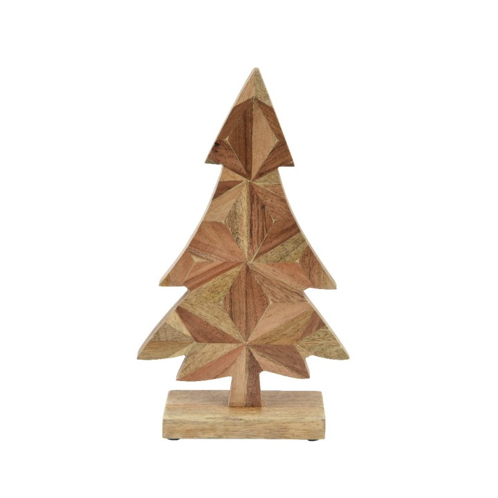 A carved wooden tree with geometric shapes, featuring warm brown tones and a rustic style.