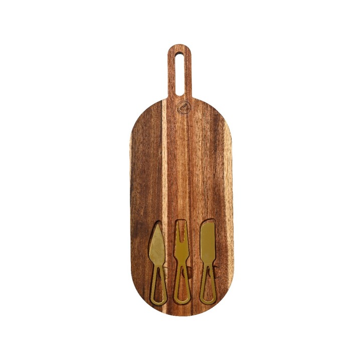 A smooth, oval wooden board with three metal knives nestled in cutouts.