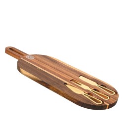 A sleek wooden cheese board with gold-handled tools, elegantly designed for serving.
