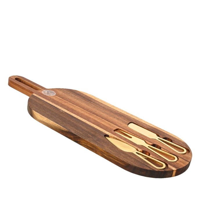 A sleek wooden cheese board with gold-handled tools, elegantly designed for serving.