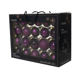A boxed set of shiny purple glass ornaments, featuring various shapes and textures.