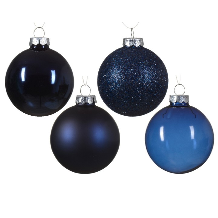 Four decorative Christmas ornaments in various shades of blue and black, with shiny and matte fin...