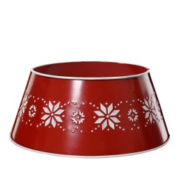 Diepe, rode metalen schaal met witte sneeuwvlokjes en een festive uitstraling.