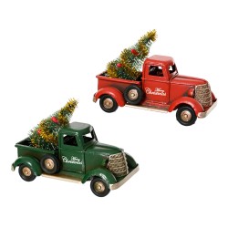 Twee vintage vrachtwagentjes, één in rood en één in groen, met een kerstboom op de laadbak.