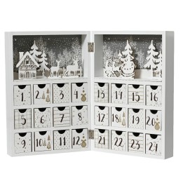 Calendrier de l'Avent en bois blanc, décoré de motifs festifs et de petits tiroirs numérotés.