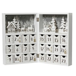 Calendrier de l'Avent en bois blanc, décoré de motifs festifs et de petits tiroirs numérotés.