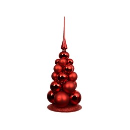 A shiny red decorative Christmas tree made of glossy spheres, topped with a pointed finial.