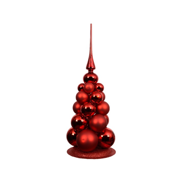 Glinsterende, rode kerstboom van bollen met een scherpe top en een glanzende basis.