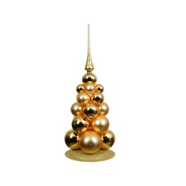 A shiny gold Christmas tree made of layered spheres, topped with a pointed finial.