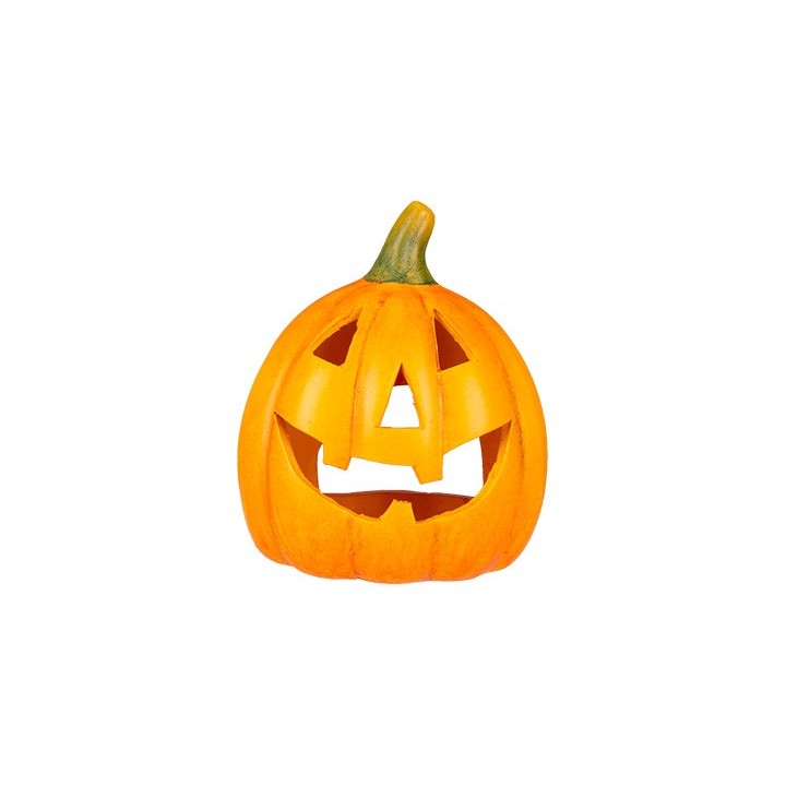 A bright orange pumpkin with a classic carved face, featuring a smiling expression.