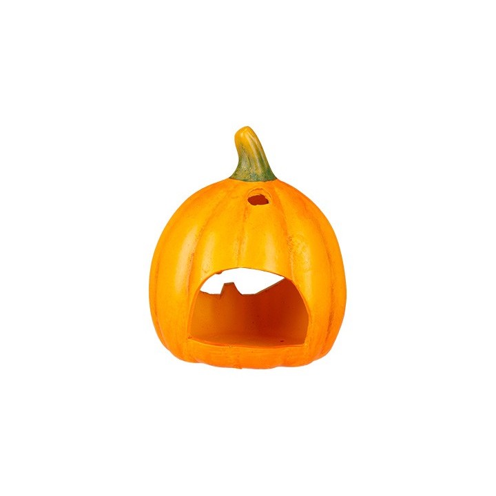 A bright orange pumpkin decoration with a carved-out face and green stem.