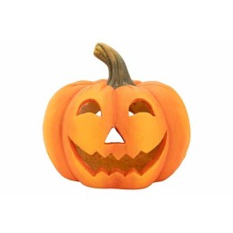 A cheerful carved pumpkin with a smiling face and jagged teeth, bright orange with a green stem.
