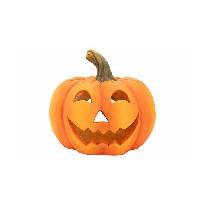 A cheerful carved pumpkin with a smiling face and jagged teeth, bright orange with a green stem.
