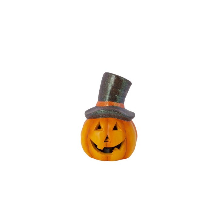 A cheerful orange pumpkin with a top hat and a wide, friendly grin.