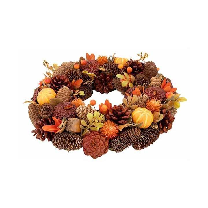 A circular wreath adorned with pinecones, autumn leaves, and orange accents.