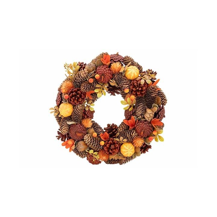 A festive autumn wreath adorned with pinecones, orange leaves, and small golden accents.