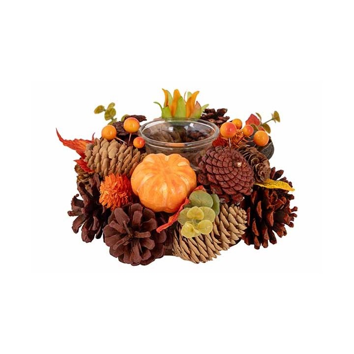 A festive arrangement of pinecones, mini pumpkins, and vibrant autumn foliage around a candle hol...