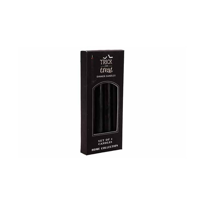 A sleek black box containing four elegant, dark candles, perfect for Halloween decor.