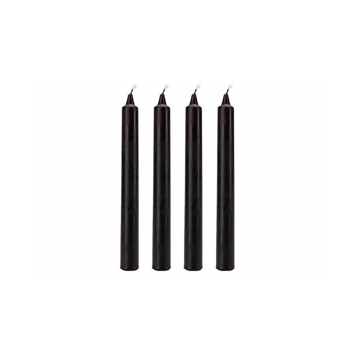 Four slender, black taper candles with pointed tips, arranged upright in a row.