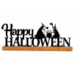 Zwart metalen Halloween-ornament met heksen en een ketel op een houten basis.