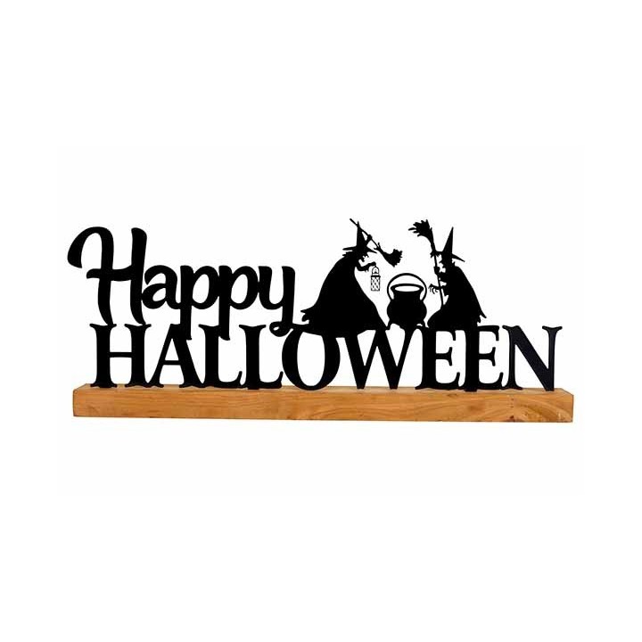 A black metal Halloween sign with witches and a cauldron on a wooden base.