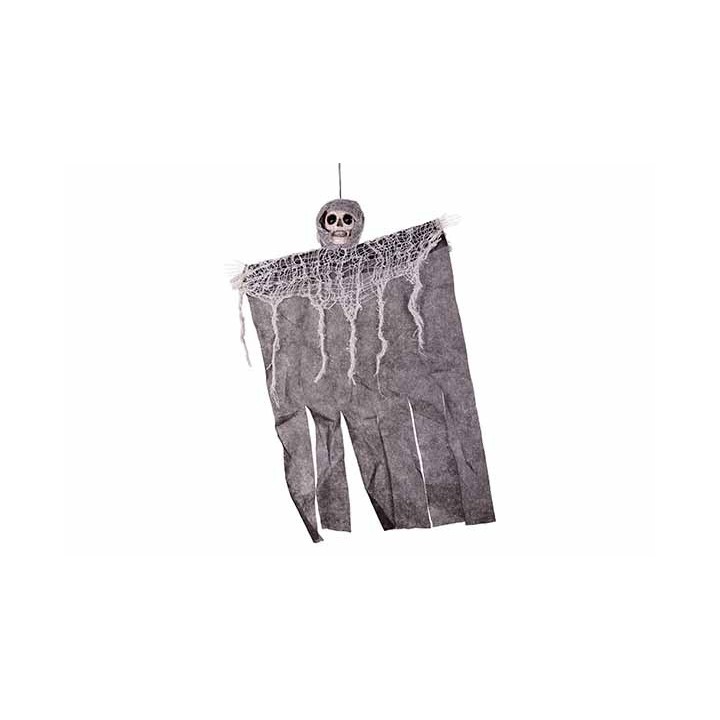 A spooky ghost figure with a skeletal face, draped in tattered gray fabric and cobwebs.