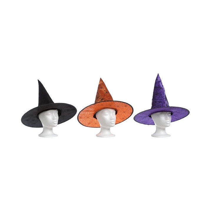Three cone-shaped witch hats in black, orange, and purple, displayed on white mannequins.