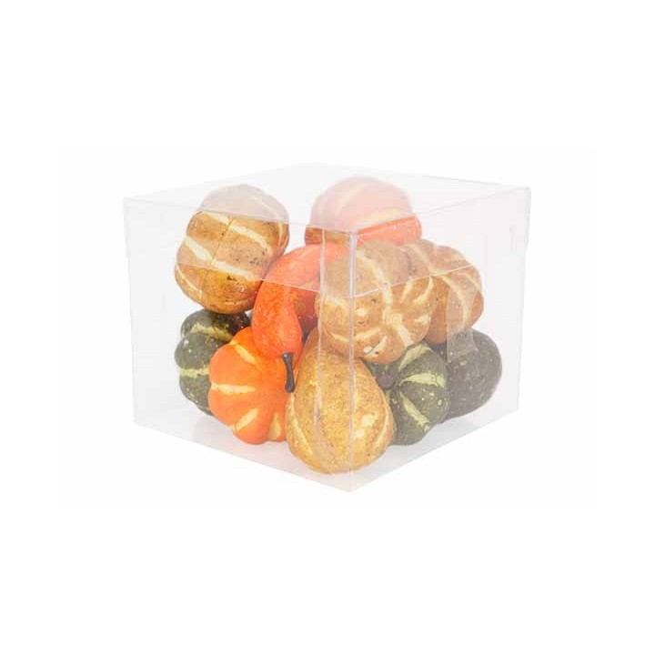 A clear box filled with colorful, decorative pumpkins and gourds in various shapes.