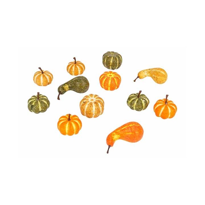 A variety of small decorative gourds in orange, green, and yellow shades.