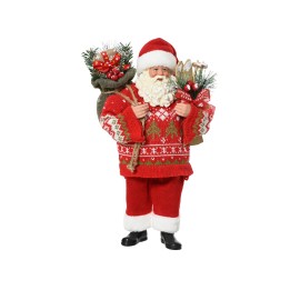 Kerstman in een kleurrijk gebreid vest, met geschenken en een vrolijke uitstraling.