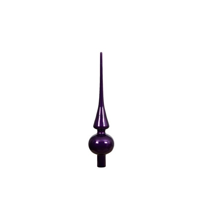 Glanzende paarse ornament met een lange spitse top en ronde basis, elegant en modern.