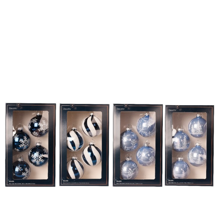 Ornements de Noël en bleu et argent, motifs variés, présentés en élégantes boîtes.