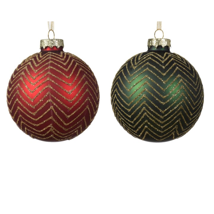 Two glossy Christmas ornaments, one red and one green, adorned with gold zigzag patterns.