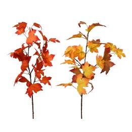 Two branches with vibrant leaves, one in deep red and the other in warm yellow and orange.
