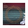 A circular metal wreath adorned with warm white lights against a dark wooden background. A circular metal wreath adorned with warm white lights against a dark wooden background.