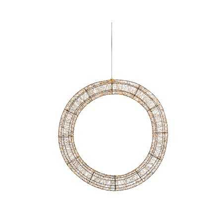 A large, circular pendant light made of intricate golden wire. A large, circular pendant light made of intricate golden wire.