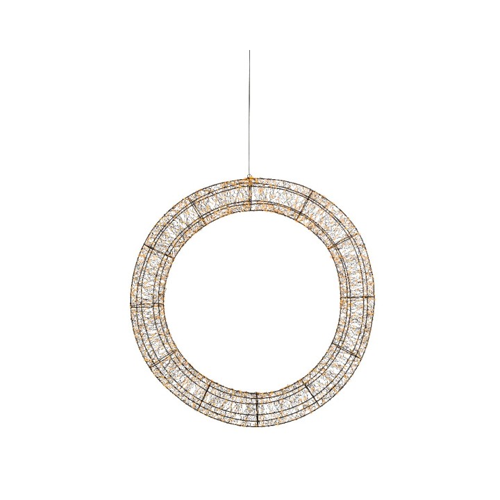 A large, circular pendant light made of intricate golden wire.