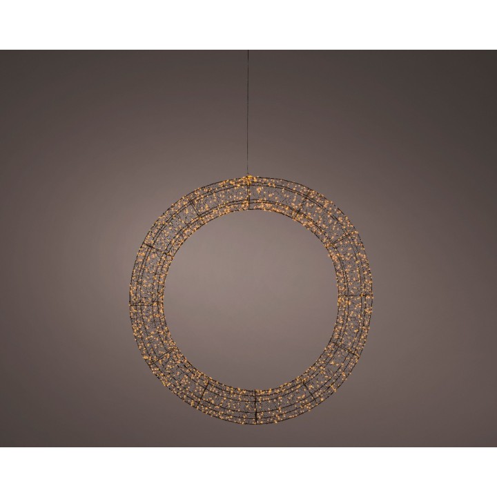 A circular chandelier made of delicate metal and crystal, radiating elegance against a dark backd...